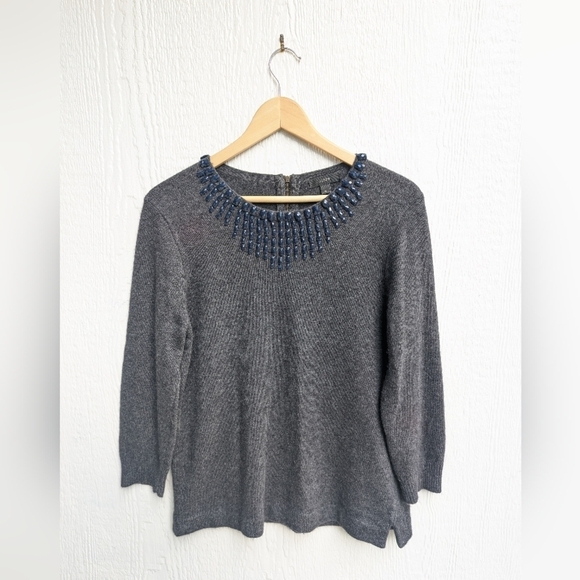 J Crew Gray Wool Rabbit Hair Blend Blue Jewel Beaded Neckline Top Size Medium - Picture 1 of 5